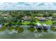 Aerial view showcasing waterfront homes with docks, set against a backdrop of lush trees and blue skies at 220 39Th Ne St, Bradenton, FL 34208