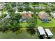 Aerial view of waterfront homes featuring screened pools and docks, framed by lush landscaping and tranquil waters at 220 39Th Ne St, Bradenton, FL 34208