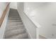 Carpeted staircase with a wood handrail and white risers, leading to the upper level of the home at 8705 Winter Breeze Way, Sarasota, FL 34241