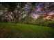 Lush backyard featuring a treehouse, verdant lawn, and waterfront views under a vibrant sky at 2504 Tanglewood Dr, Sarasota, FL 34239