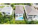 Aerial view of a modern home with a private pool, manicured lawn, and stylish outdoor living spaces at 2590 Floyd St, Sarasota, FL 34239