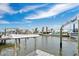 Gorgeous view from a dock featuring boat lifts and lovely waterfront views set against a beautiful blue sky at 3850 Catalina Dr, Bradenton, FL 34210