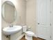 Powder room features pedestal sink, modern toilet, and wood-look flooring at 4532 Chinkapin Dr, Sarasota, FL 34232