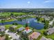 Beautiful aerial view of the home with a serene lake, fountain, and lush landscaping in a desirable community at 7026 43Rd E Ave, Palmetto, FL 34221