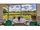 Relaxing screened lanai with seating and a view of the golf course and pond for tranquil outdoor living at 7301 W. Country Club N Dr # 108, Sarasota, FL 34243