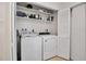 Convenient laundry room featuring a washer, dryer, and ample storage shelving at 7301 W. Country Club N Dr # 108, Sarasota, FL 34243