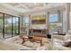Living room has sliding glass doors to patio and large windows, neutral paint and coffered ceiling at 4916 Tivoli Run, Bradenton, FL 34211