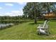 Scenic backyard features a lake view, lush lawn, and Adirondack chairs for relaxing outdoors at 6959 Westchester Cir, Bradenton, FL 34202
