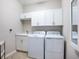 Clean laundry room with modern washer and dryer, ample cabinet space and a utility sink at 7387 Divot Loop # 15-D, Lakewood Ranch, FL 34202