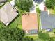 Drone shot of a cozy home with a screened-in pool, bordered by lush greenery and a well-kept lawn at 11009 Wildcat Dr, Riverview, FL 33579