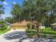 Charming single Gathering home with a well-manicured lawn, mature tree, and large driveway at 11009 Wildcat Dr, Riverview, FL 33579
