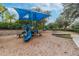 Community playground with a blue canopy, slide and swings, surrounded by mature trees and a safe, wood chip ground cover at 11009 Wildcat Dr, Riverview, FL 33579