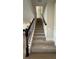 Carpeted staircase with dark wood banister and white trim, offering a transition to the upper level at 14312 Crimson Ave, Bradenton, FL 34211