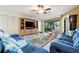 Spacious living room features plush sofas, ceiling fan, and sliding glass doors that provide access to the outdoor area at 3530 Wilkinson Woods Dr # 14, Sarasota, FL 34231