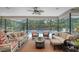 Inviting sunroom with comfortable seating, ceiling fan, and a view of the pool at 4761 Pine Harrier Dr, Sarasota, FL 34231