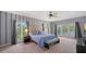 This spacious main bedroom features natural light, decorative wallpaper, and private access to the screened lanai at 6905 Pine Valley St, Bradenton, FL 34202
