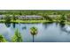 Scenic aerial of townhouses surrounding a large pond with a fountain, showcasing a community with lush landscaping and mature trees at 8827 Manor Loop # 208, Lakewood Ranch, FL 34202