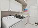 Bright laundry room featuring a washer, dryer, utility sink, white cabinets and a door leading to other areas of the home at 1508 86Th Nw Ct, Bradenton, FL 34209