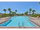 Community pool with crystal clear water surrounded by palm trees and lounge chairs at 2450 Dovesong Trace Dr, Ruskin, FL 33570