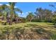 Grassy backyard, enhanced by tropical landscaping, includes a view of the screened lanai and mature trees at 8445 Lone Eagle Way, Sarasota, FL 34241