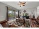 Cozy living room with a view to the lanai, sliding glass doors, leather sofas, and stylish decor at 9927 58Th E St, Parrish, FL 34219