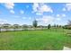 Expansive backyard featuring lush green grass, a serene pond, and black iron fencing for added security at 16419 Paynes Mill Dr, Bradenton, FL 34211