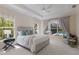 Relaxing bedroom with pool view, tray ceiling, fan, and natural light at 16511 Cornwall Ln, Lakewood Ranch, FL 34202