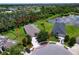 An aerial view of a single-Gathering home with a fenced yard and a pond nearby in a quiet neighborhood at 4716 98Th E Ter, Parrish, FL 34219