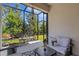 Screened in lanai features comfortable seating and views of the well maintained backyard at 5981 Amberly Dr, Bradenton, FL 34208