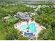 An overhead view of the community pool, clubhouse, and surrounding landscape, creating a serene retreat at 6256 Springmont Loop, Palmetto, FL 34221