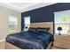 Well-lit main bedroom with a large bed, matching bedside tables, stylish lamps, and calming blue walls at 10177 Crystal Isle Cir, Sarasota, FL 34241