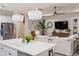 Island view of the kitchen leading into the living room, showcasing its open-concept design and natural light at 2586 Wild Cherry Path, Sarasota, FL 34240