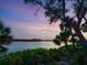 A serene waterfront view is framed by lush vegetation and a majestic tree silhouetted against a colorful sunset sky at 4907 Topsail Dr, Nokomis, FL 34275
