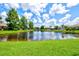 Scenic pond view surrounded by lush green grass, tall trees, and beautiful landscaping creating a peaceful environment at 6216 Donnington Ct, Sarasota, FL 34238