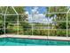 View of swimming pool and community lake, surrounded by lush landscaping and screened enclosure at 8239 Cypress Hollow Dr, Sarasota, FL 34238