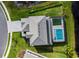 Aerial view of the landscaped property showing a sparkling pool, patio, and lush yard at 15815 Tradewind Ter, Bradenton, FL 34211