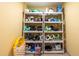 A practical storage room with plastic shelving and ample space for organizing fitness or pool equipment at 3680 Ironwood Cir # 603L, Bradenton, FL 34209