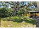 Large backyard with a mature shade tree, a cozy firepit area, screened-in patio and wood privacy fence at 4041 Linwood St, Sarasota, FL 34232