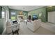 Bright living room with a fireplace, plush seating, and large windows overlooking the backyard at 5012 Cherry Laurel Way, Sarasota, FL 34241