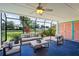 Inviting screened lanai featuring a comfortable seating area and view of the lush landscaping at 6061 Fairway Ln # 1411, Bradenton, FL 34210