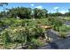 Established community garden featuring raised plots, various plants, and black weed-control fabric for sustainable gardening at 4214 Groveland Ave, Sarasota, FL 34231