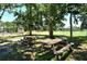 Several wooden picnic tables are positioned beneath large, mature trees, creating a shady and inviting picnic area at 4214 Groveland Ave, Sarasota, FL 34231