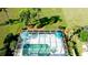 Aerial view of a screened in pool with blue umbrellas surrounded by lush landscaping at 5078 47Th W St, Bradenton, FL 34210