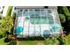 Aerial view of a screened in pool with blue umbrellas surrounded by lush landscaping at 5078 47Th W St, Bradenton, FL 34210