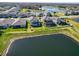 Aerial view of homes with manicured lawns and lake views, set within a suburban neighborhood at 19293 Breynia Dr, Lutz, FL 33558