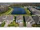 Aerial view of homes with well-maintained lawns near a peaceful lake, set in a suburban neighborhood at 19293 Breynia Dr, Lutz, FL 33558