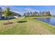 A serene backyard view of green lawn and a tranquil lake, with mature trees at 19293 Breynia Dr, Lutz, FL 33558