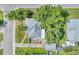 Aerial shot of a home showcasing its roof, surrounding trees, patio area, driveway, and neighborhood streets at 401 N Jefferson Ave, Sarasota, FL 34237