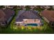 Aerial view of screened lanai with pool, spa, and manicured landscaping at dusk at 5804 Mulligan Way, Lakewood Ranch, FL 34211