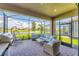 Screened in patio with beautiful lake view, outdoor seating area, and paved flooring at 3025 Veneto Ct, Bradenton, FL 34211